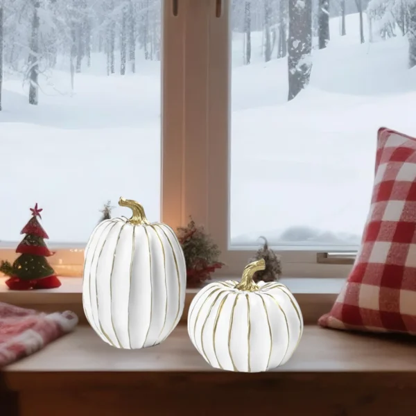 2pcs Fall Pumpkin Decor Vintage White and Gold Pumpkin Statue with Stem Table Centerpieces for Home
